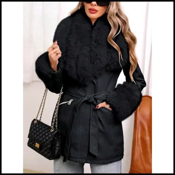 Faux Leather Jacket with Fur Collar Belted Moto Chic Winter Coat